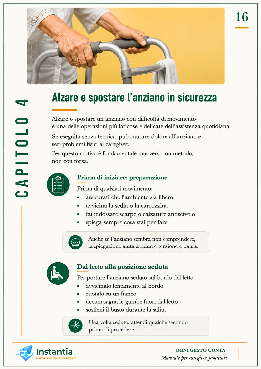 Pagina della guida Ogni Gesto Conta dedicata alla movimentazione sicura dell'anziano con difficoltà di movimento. Include indicazioni pratiche per preparare l'ambiente, aiutare la persona ad alzarsi dal letto, effettuare i trasferimenti in sicurezza e ridurre il rischio di cadute, tutelando sia l'anziano sia il caregiver.