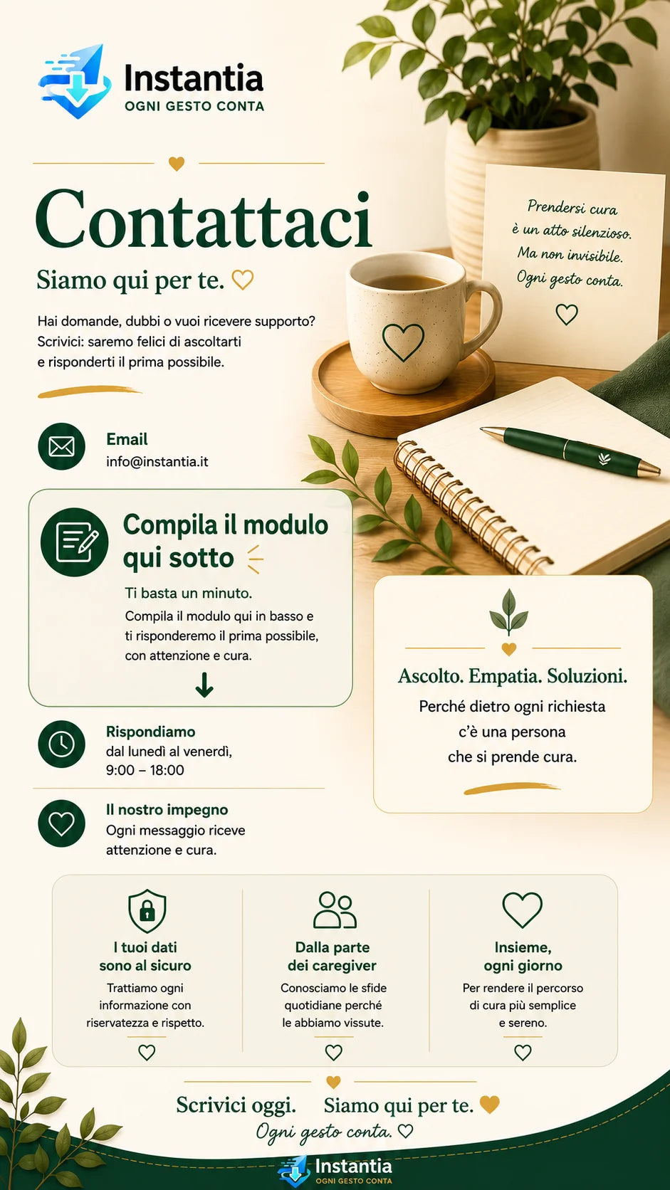 Pagina Contattaci di Instantia con informazioni di supporto per caregiver familiari, assistenti familiari e badanti. Contatti, assistenza e supporto dedicato per chi si prende cura di una persona anziana.