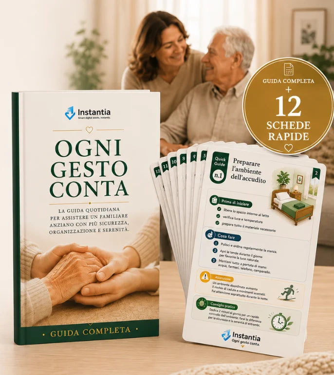 Guida digitale Ogni Gesto Conta con 12 Quick Guide operative per caregiver familiari, dedicate all'assistenza quotidiana di un familiare anziano a casa.
Il bundle Ogni Gesto Conta comprende una guida completa in formato PDF e 12 Quick Guide operative, pensate per aiutare caregiver familiari, assistenti e badanti nella gestione quotidiana dell'assistenza a una persona anziana. Uno strumento pratico per affrontare ogni giornata con maggiore sicurezza, organizzazione e serenità.